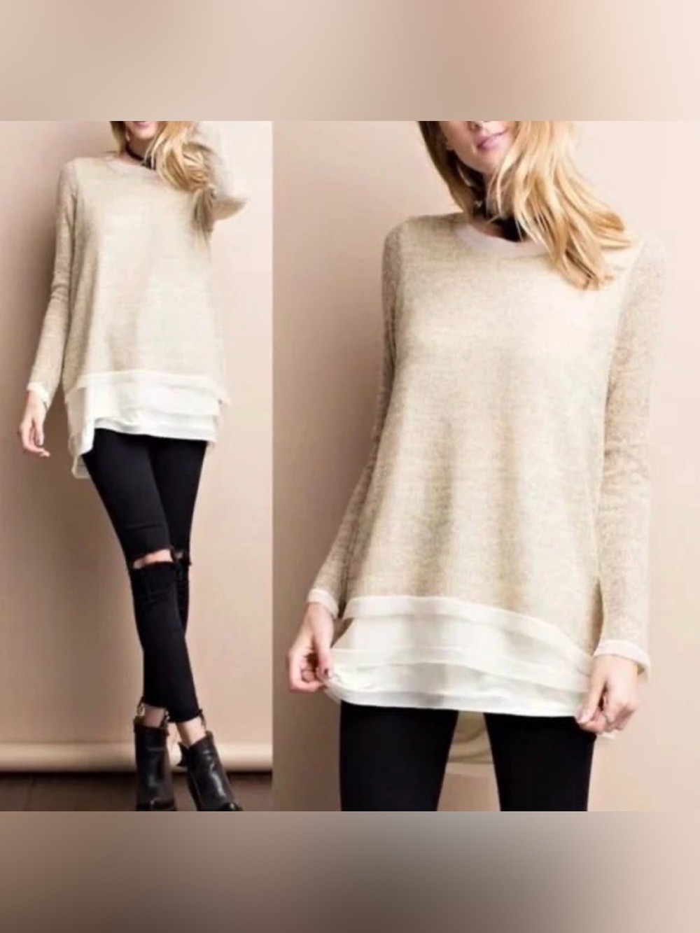 🔥 Boho Angelcore Heathered Cream Crewneck Sweater Layered Chiffon Hem Sz Small